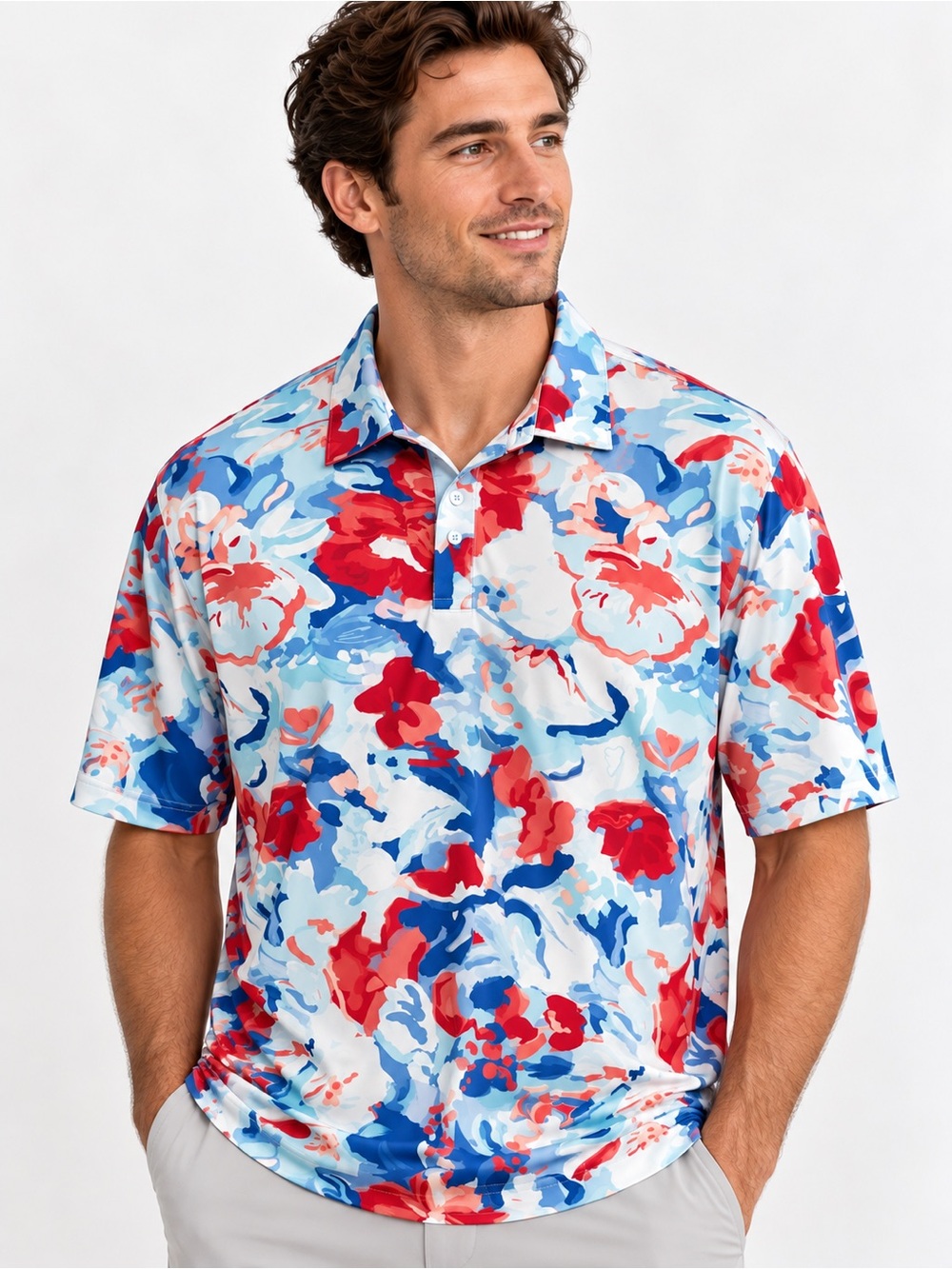 Walter Hagen Men’s 3XL Golf Polo Red White Blue Floral Performance Shirt